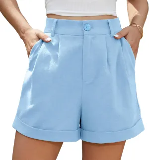 Jouica Womens Summer High Waist Linen Shorts Roll Up Pleated Zippered Wrap Hem Wide Leg Shorts with Pockets