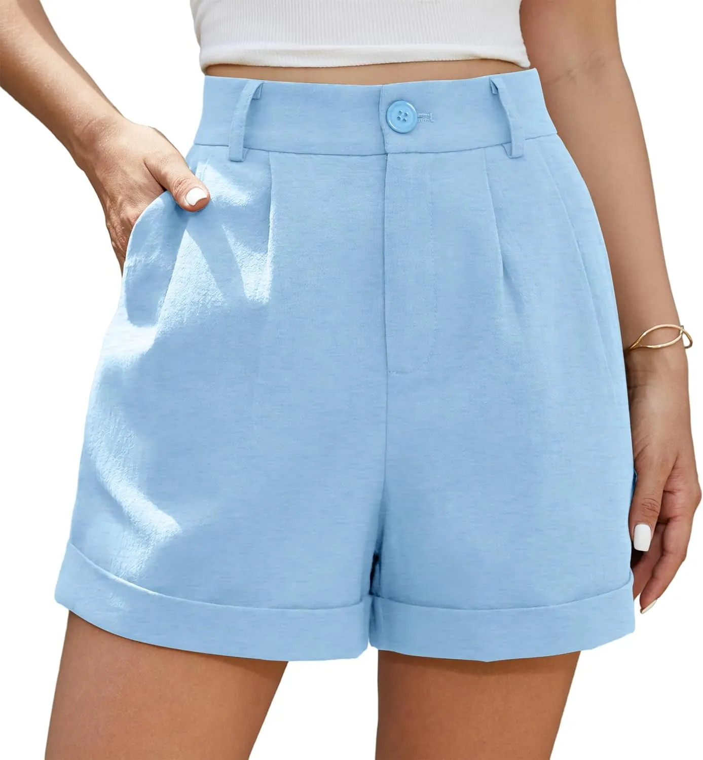 Jouica Womens Summer High Waist Linen Shorts Roll Up Pleated Zippered Wrap Hem Wide Leg Shorts with Pockets