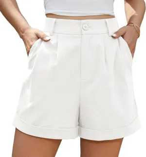 Jouica Womens Summer High Waist Linen Shorts Roll Up Pleated Zippered Wrap Hem Wide Leg Shorts with Pockets