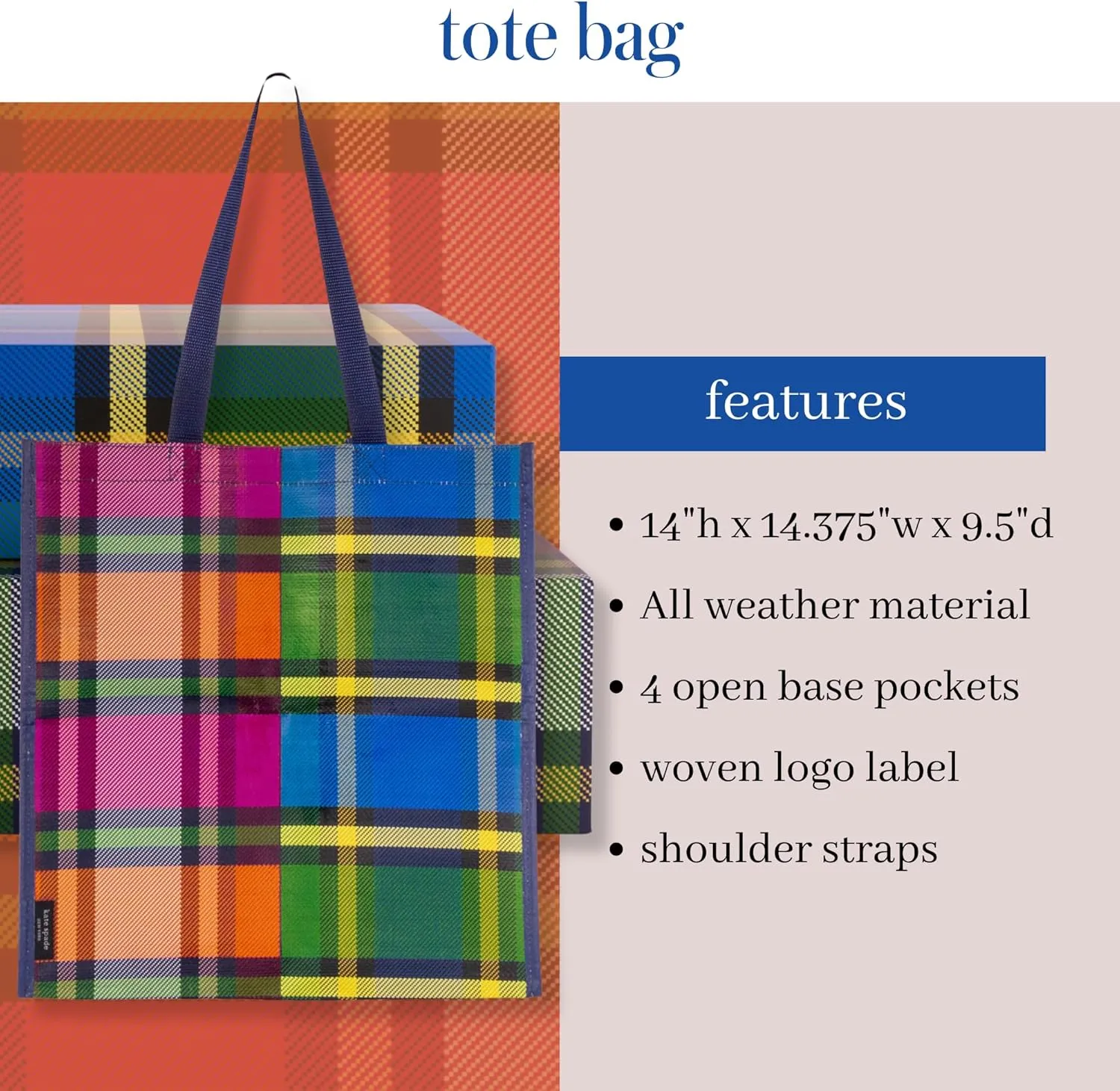 Kate Spade New York Reusable Shopping Bag, Grocery Tote with Shoulder Straps, Large Collapsible Tote