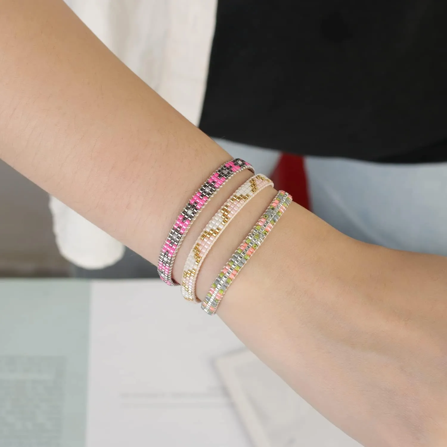 KELITCH Women Friendship Bracelets Wax Rope Bracelets Handmade Multi-Pattern Pearl Bracelets