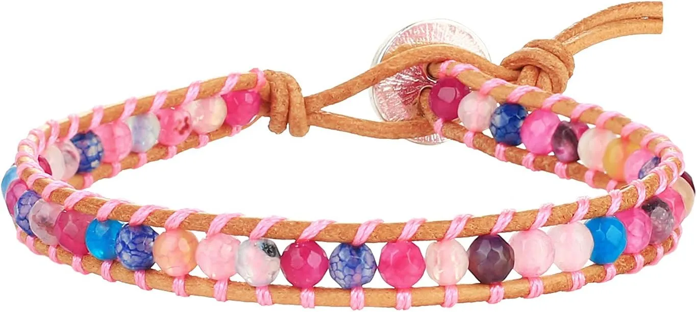KELITCH Women Leather Wrap Bracelets Handmade Strand Bracelets Colorful Stones Beads Bracelets
