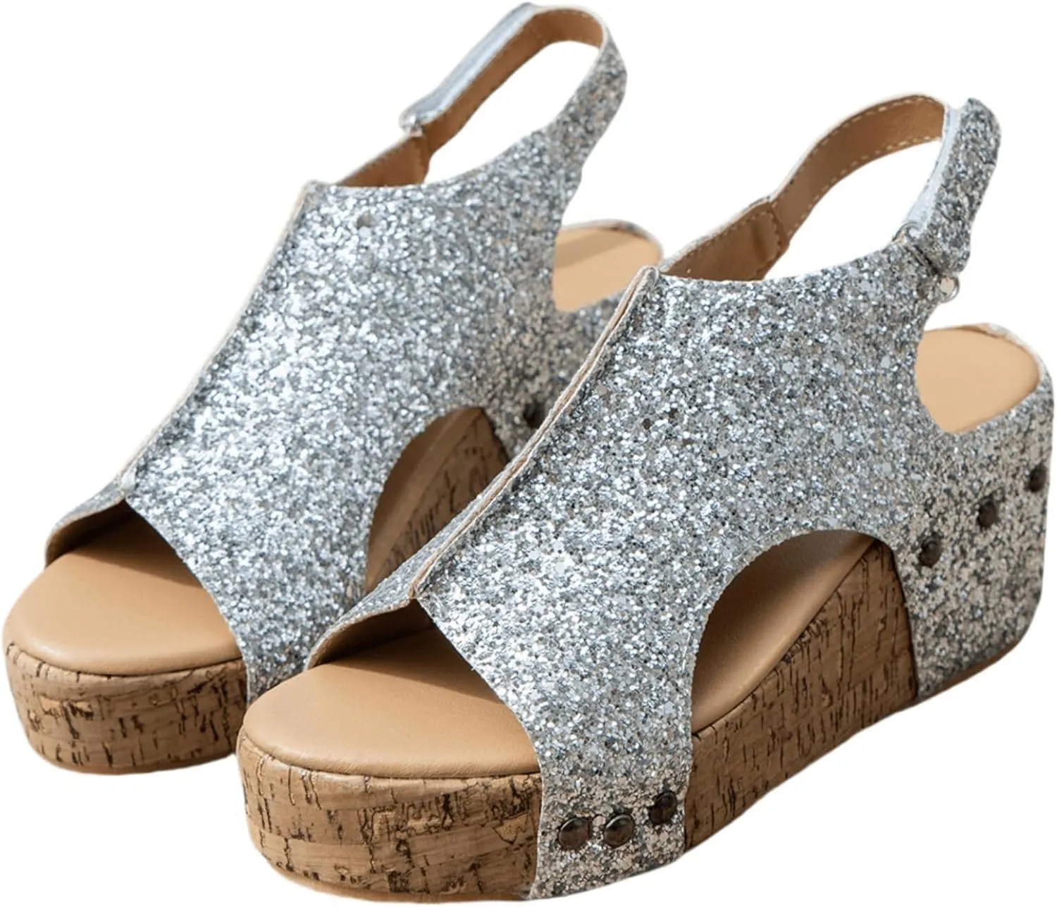 Ladmiple Sandals For Women 2024 Comfortable Wedge Platform Sandals Slip on Ankle Strap Casual Rhinestone Summer Dress Shoes