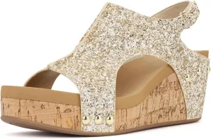 Ladmiple Womens Sandals Comfortable Dressy Wedge Heel Platform Sandals Ankle Strap Open Toe Casual Summer Glitter Dress Shoes