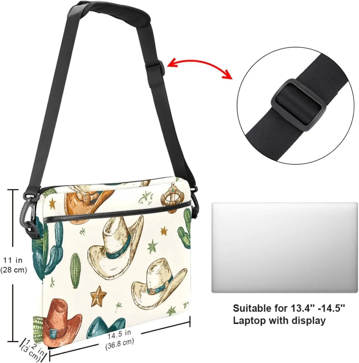 Laptop Shoulder Bag Western Cowboy Hats Pattern Padded Computer Briefcase for Adults, 13.4-14.5 Inch