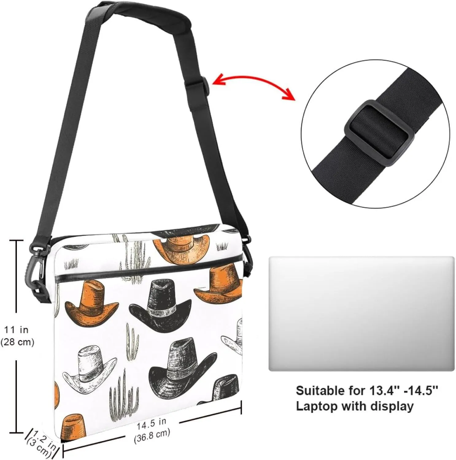 Laptop Shoulder Bag Western Cowboy Hats Pattern Padded Computer Briefcase for Adults, 13.4-14.5 Inch