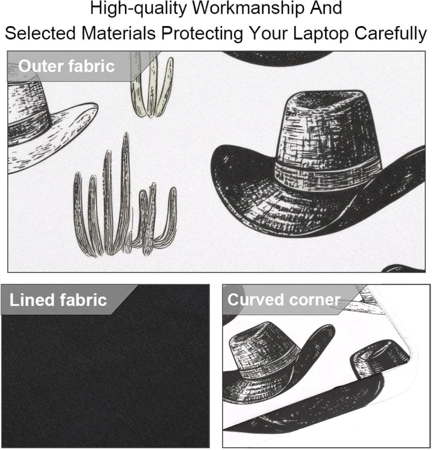 Laptop Shoulder Bag Western Cowboy Hats Pattern Padded Computer Briefcase for Adults, 13.4-14.5 Inch