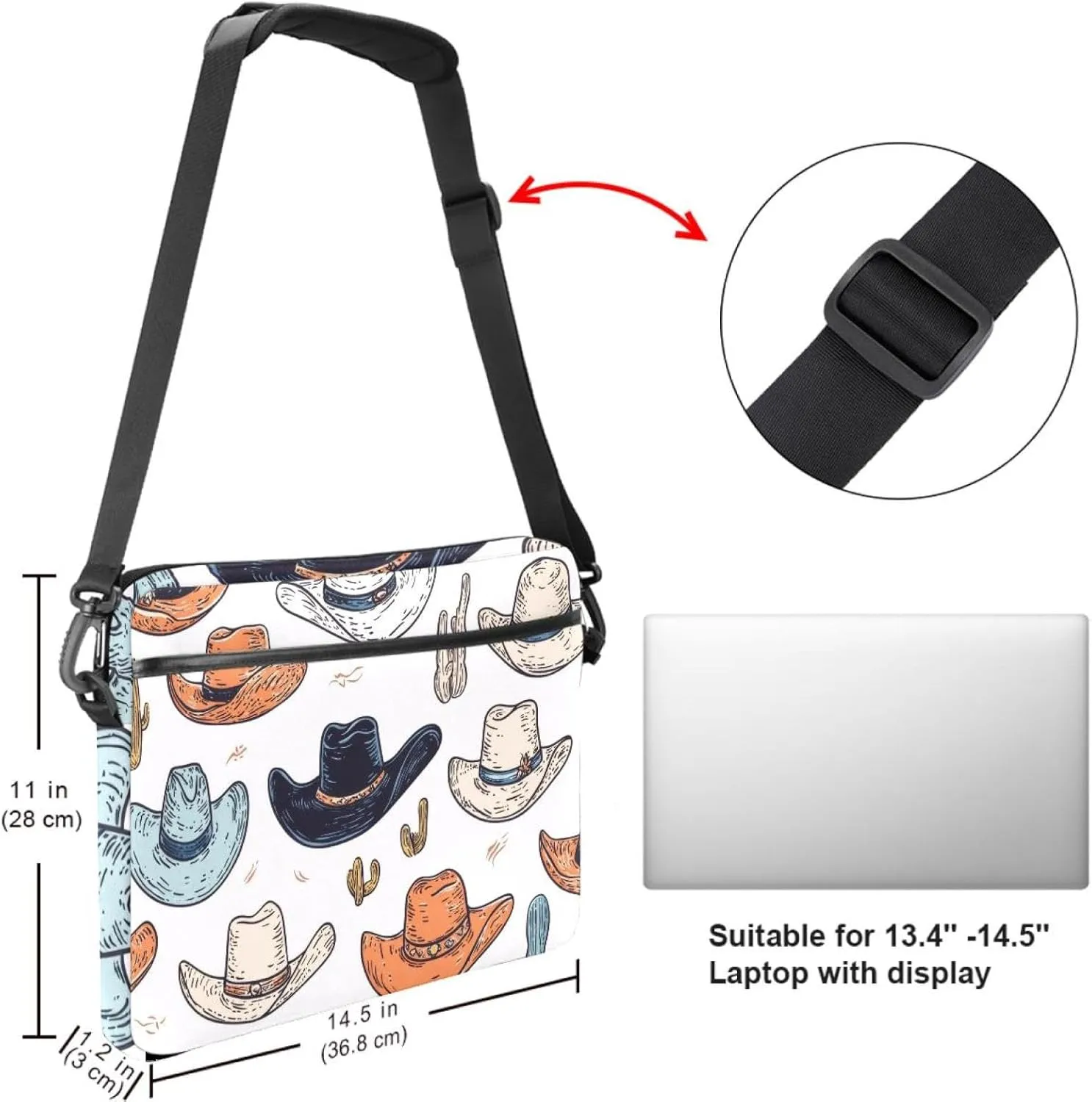 Laptop Shoulder Bag Western Cowboy Hats Pattern Padded Computer Briefcase for Adults, 13.4-14.5 Inch