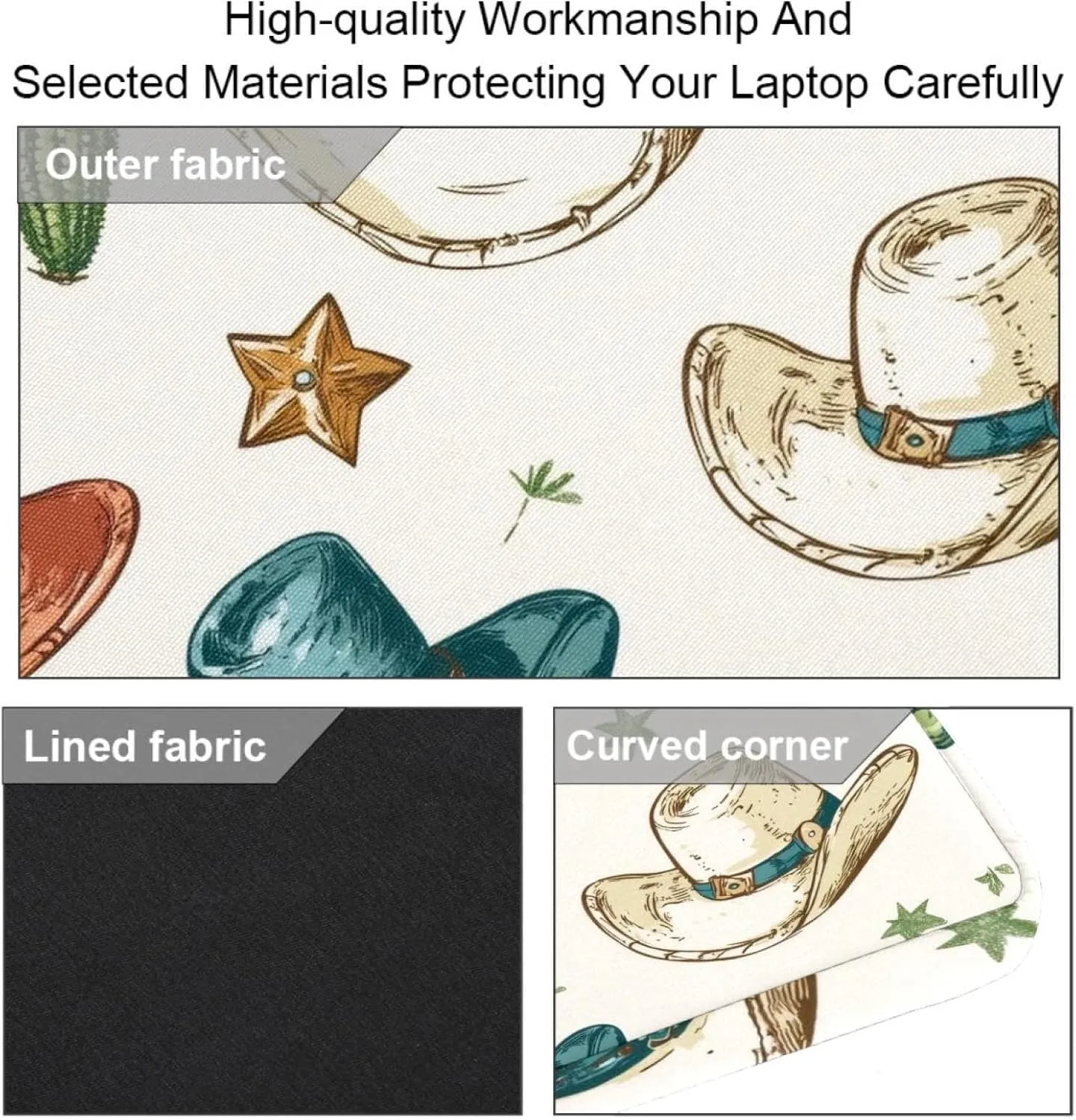 Laptop Shoulder Bag Western Cowboy Hats Pattern Padded Computer Briefcase for Adults, 13.4-14.5 Inch