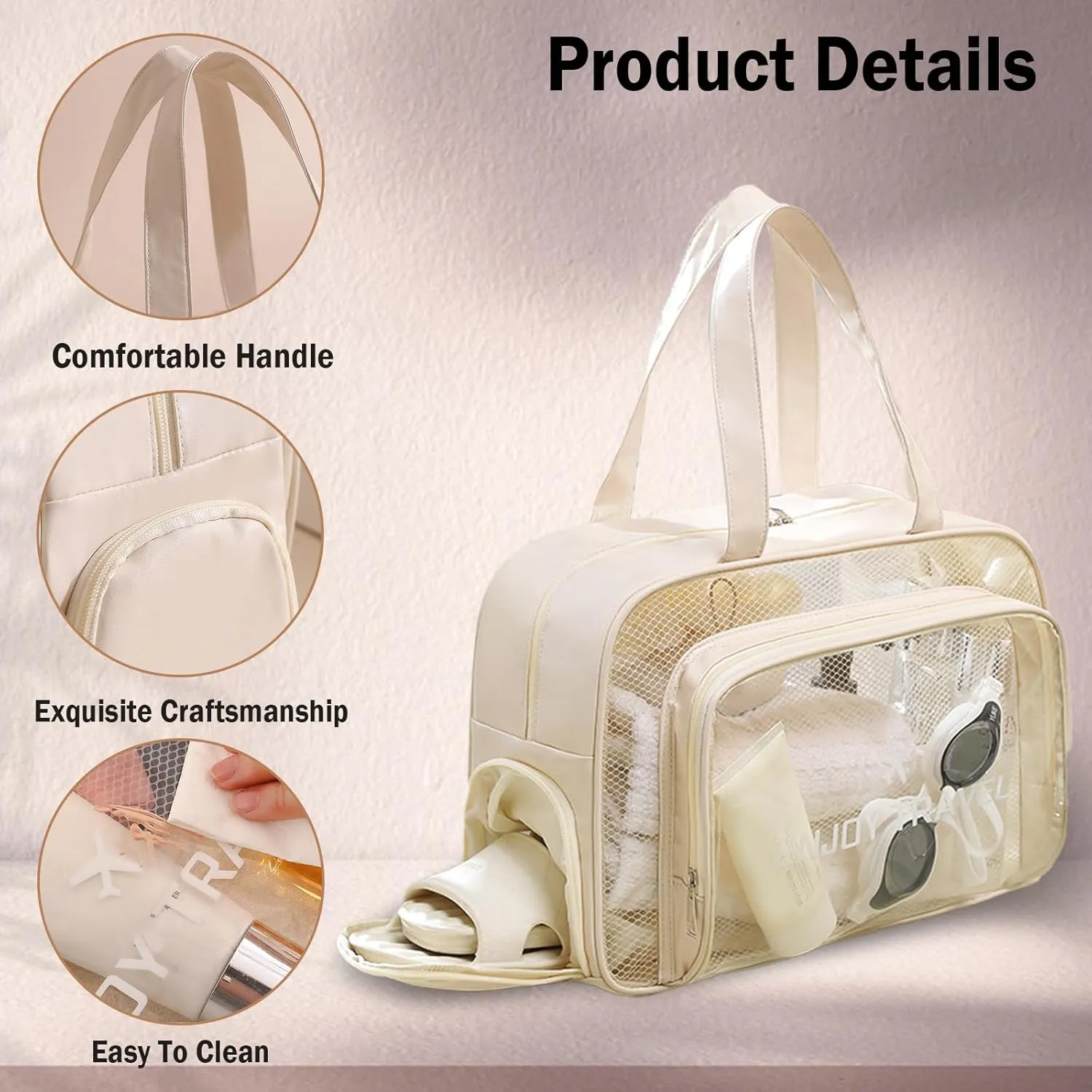 Large Clear Toiletry Bag with Shoe Compartment, Multi-Functional PVC Travel Tote, Durable and Versatile Organizer for Travel, Gym, Pool, and More (Beige)