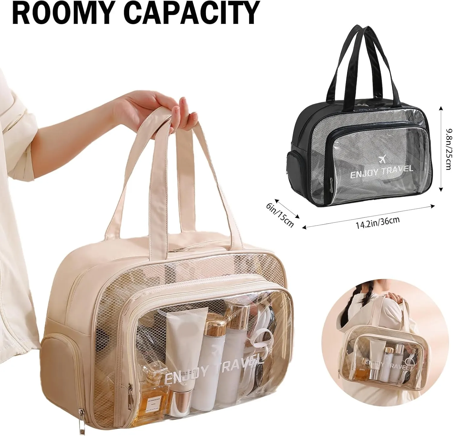 Large Clear Toiletry Bag with Shoe Compartment, Multi-Functional PVC Travel Tote, Durable and Versatile Organizer for Travel, Gym, Pool, and More (Black)