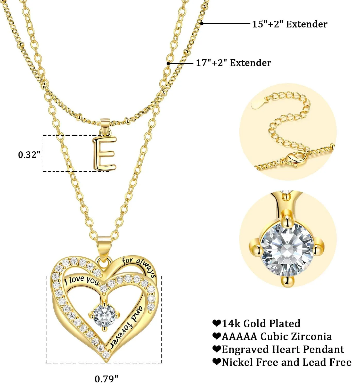 Layered Heart Necklaces for Women, 14k Gold Plated Layering Cubic Zirconia Heart Pendant Initial A-Z Choker Necklaces, Adjustable Chain Necklaces Jewelry Gift for Women Wife Mom