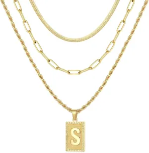 Layered Initial Necklaces for Women, 14K Gold Plated Layering Paperclip Chain Snake Choker Necklace Dainty Rope Chain Square Pendant Letter Initial Necklaces Gold Layered Necklaces for Women Jewelry