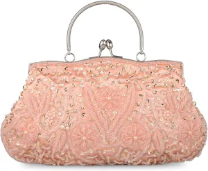 LIFEWISH Women's Evening Bag Beaded Sequin Design Metal Frame Kissing Lock Satin Interior Evening Clutch