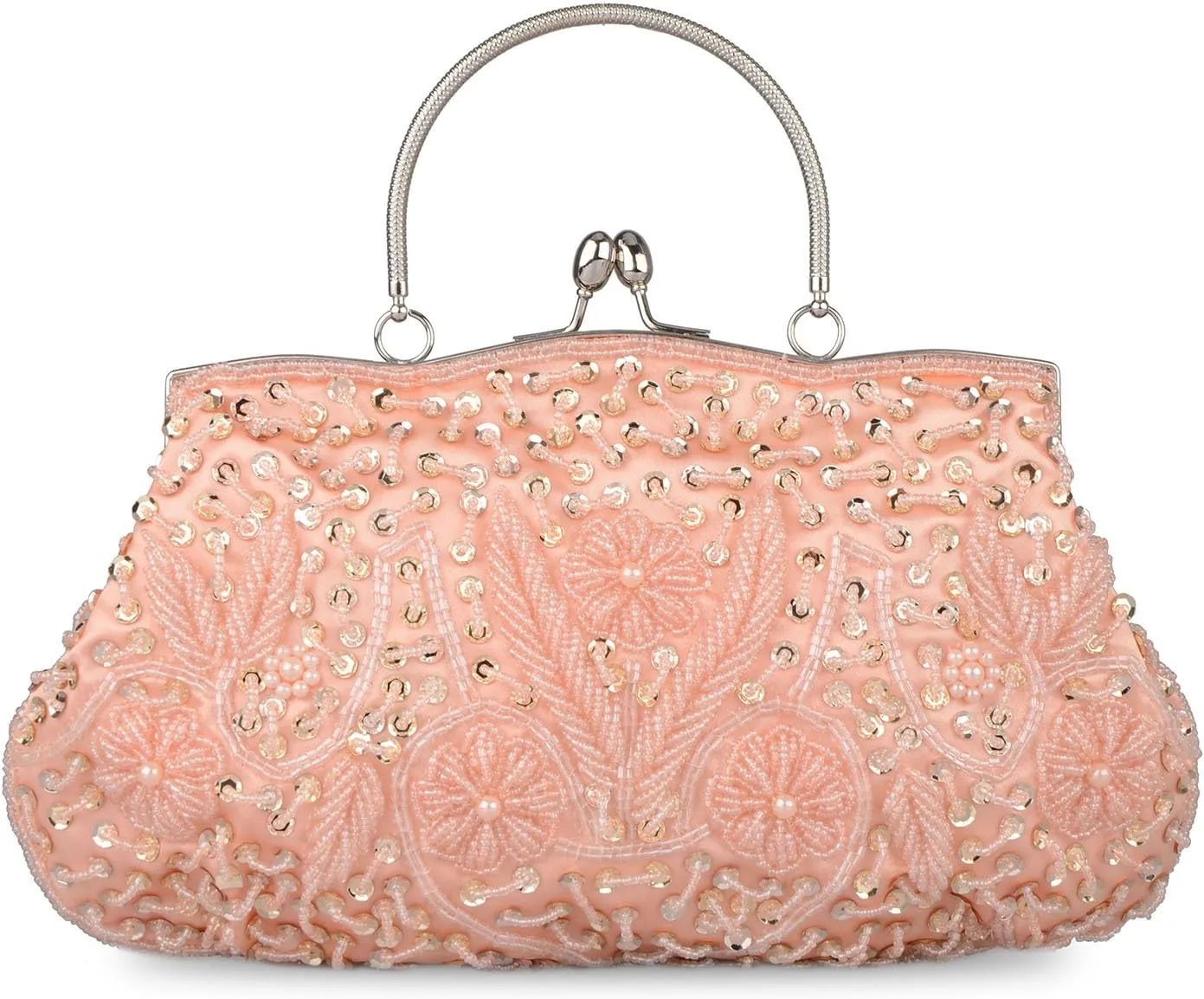 LIFEWISH Women's Evening Bag Beaded Sequin Design Metal Frame Kissing Lock Satin Interior Evening Clutch