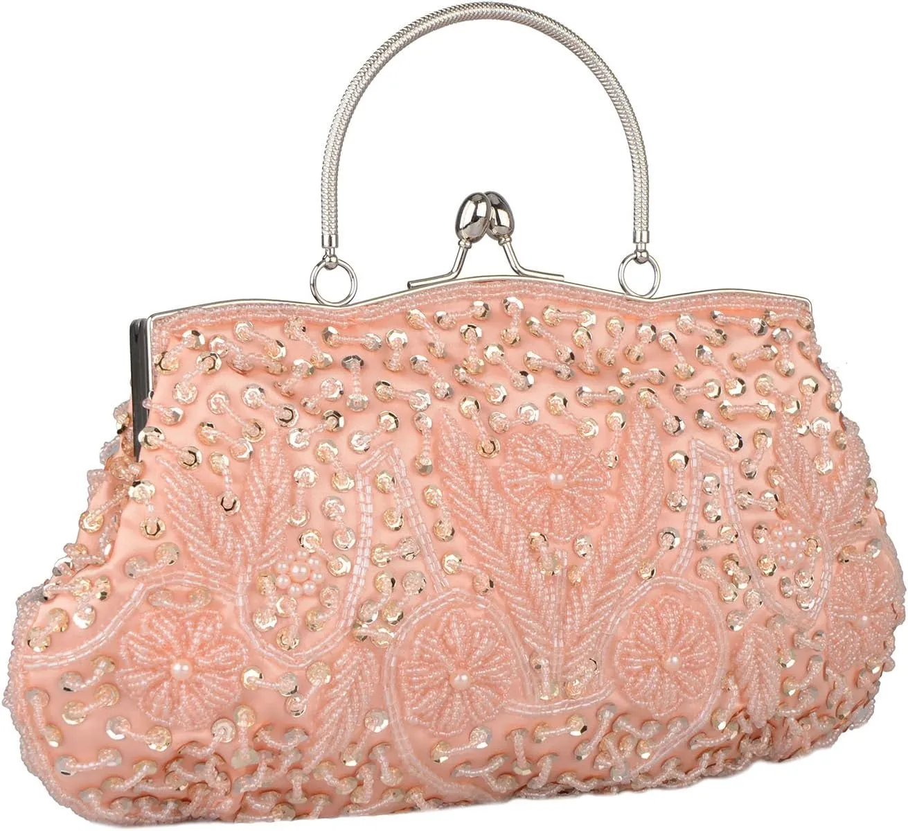 LIFEWISH Women's Evening Bag Beaded Sequin Design Metal Frame Kissing Lock Satin Interior Evening Clutch