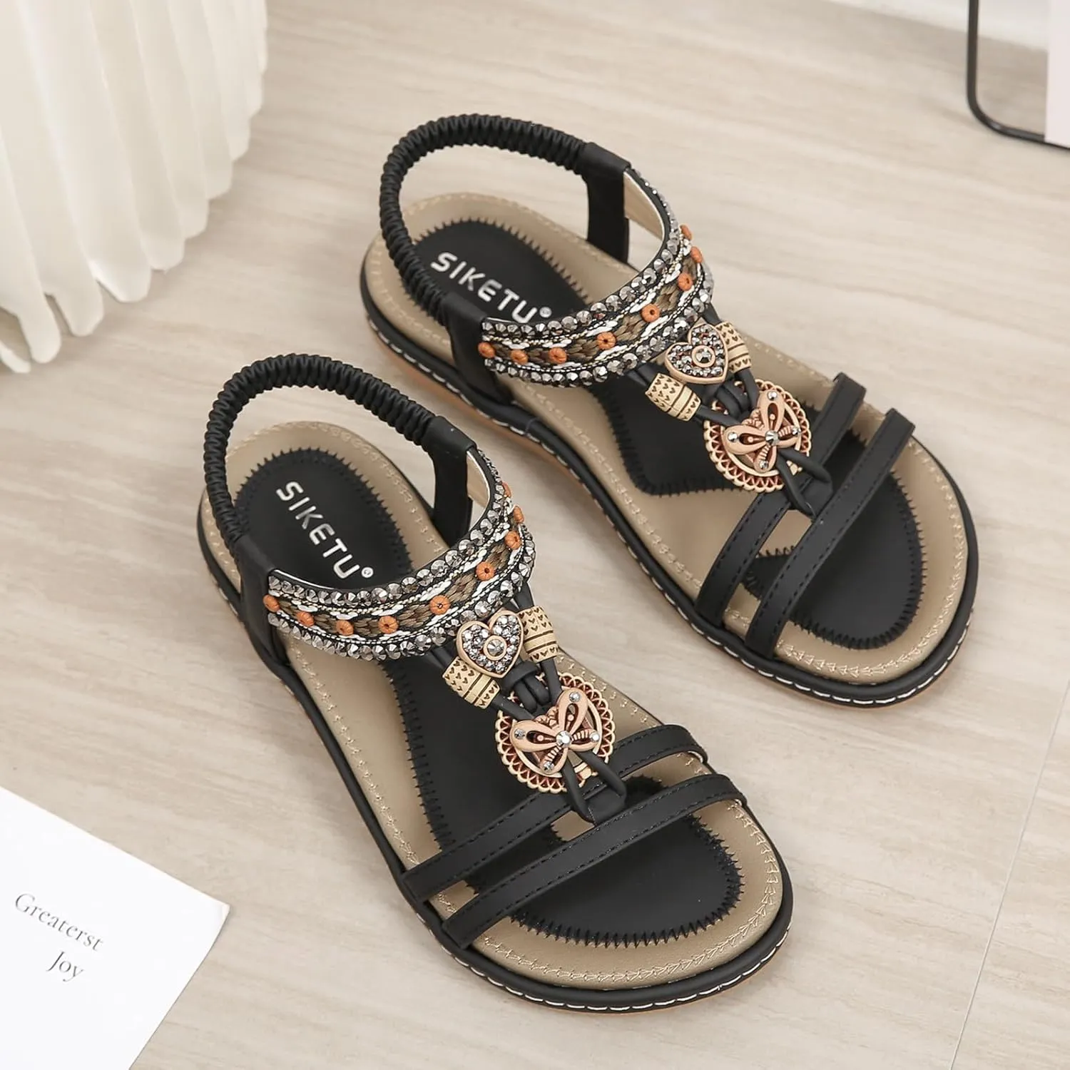 Lightweight Bohemian Sandals for Women Rhinestone Open Toe Slip on Casual Sandal Leather Sandals for Women