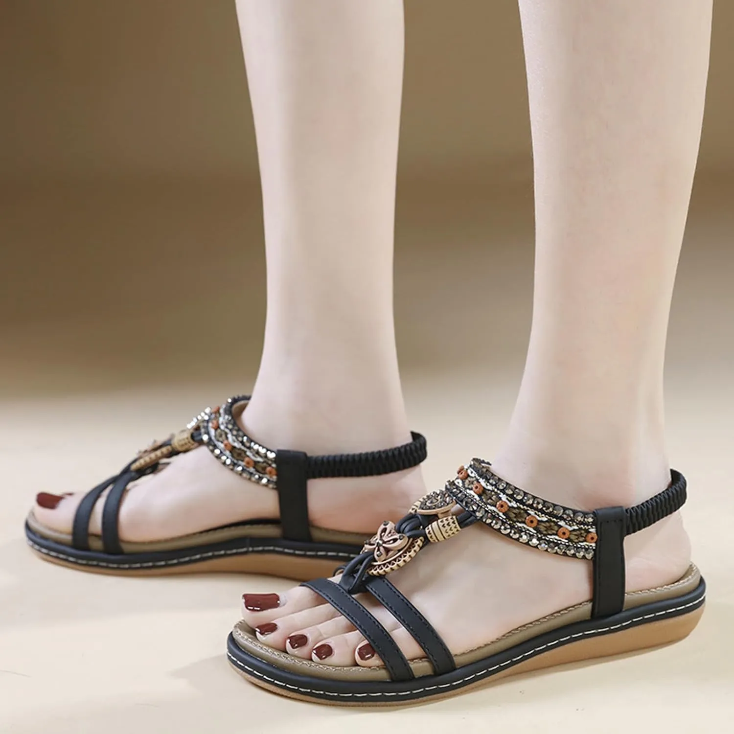 Lightweight Bohemian Sandals for Women Rhinestone Open Toe Slip on Casual Sandal Leather Sandals for Women