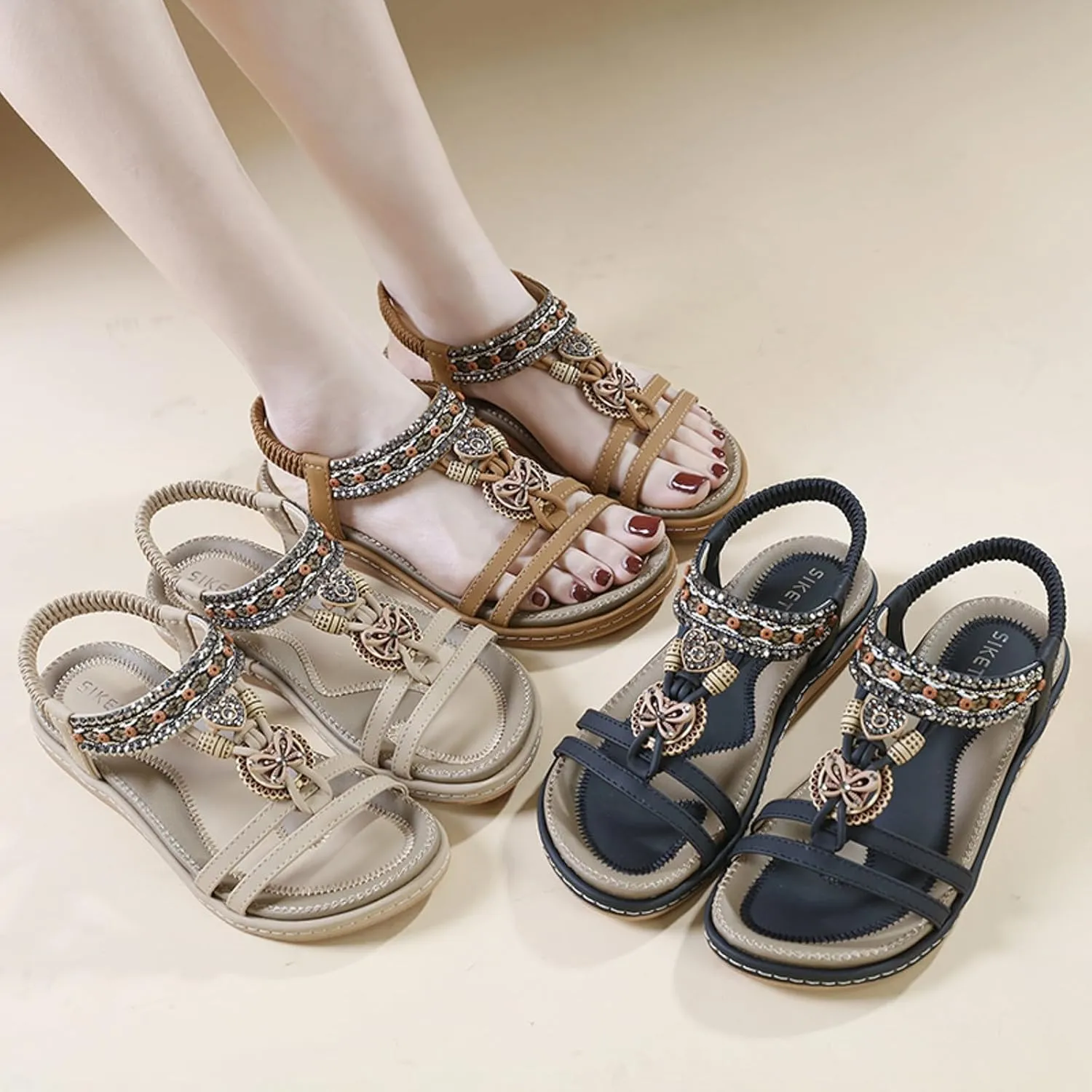 Lightweight Bohemian Sandals for Women Rhinestone Open Toe Slip on Casual Sandal Leather Sandals for Women