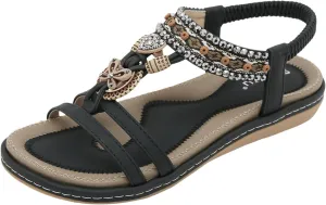 Lightweight Bohemian Sandals for Women Rhinestone Open Toe Slip on Casual Sandal Leather Sandals for Women
