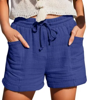 Linen Shorts for Women Plus Size Drawstring High Waisted Casual Summer Pull On Loose Fit Beach Vacation Shorts with Pockets