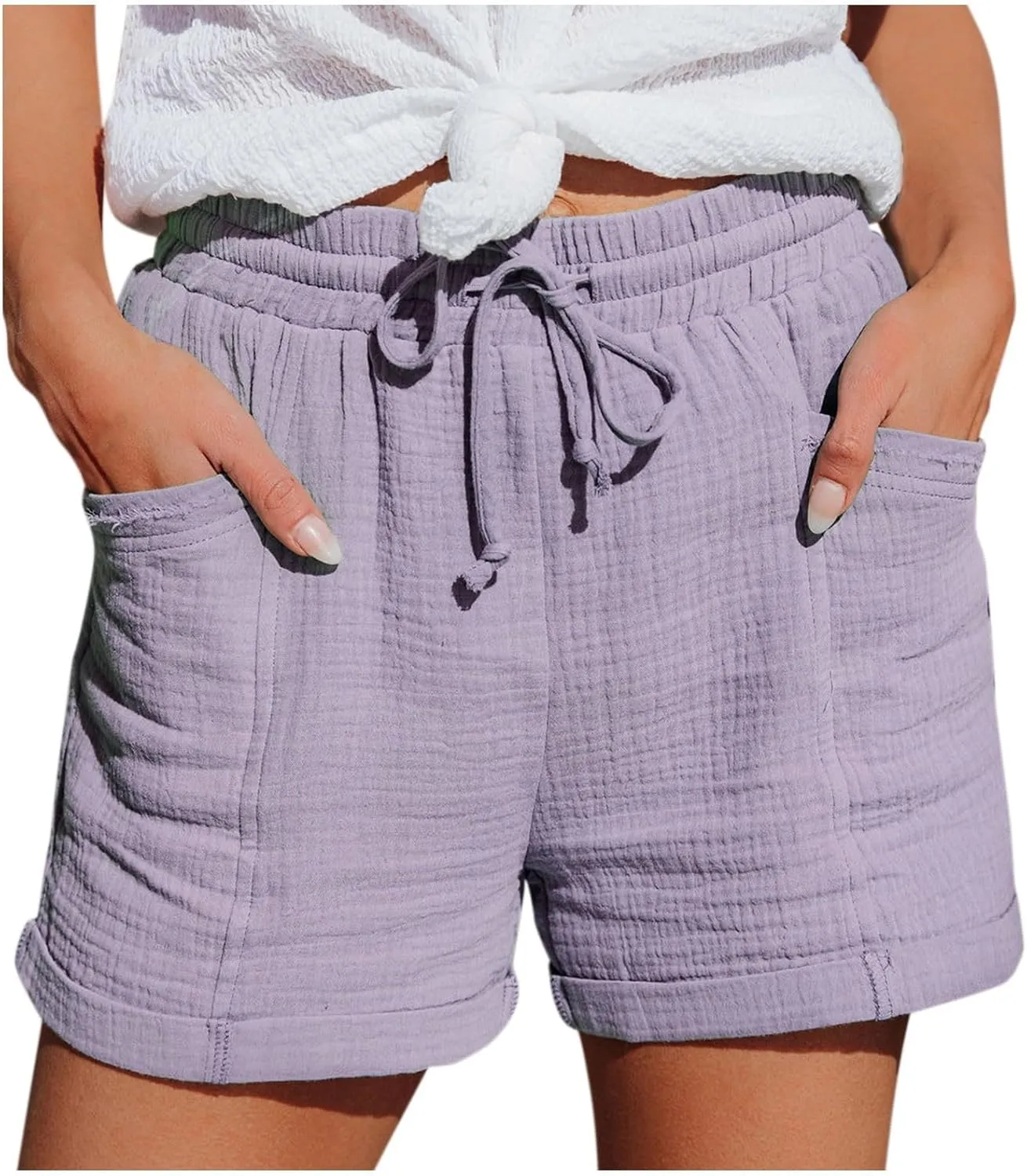 Linen Shorts for Women Plus Size Drawstring High Waisted Casual Summer Pull On Loose Fit Beach Vacation Shorts with Pockets