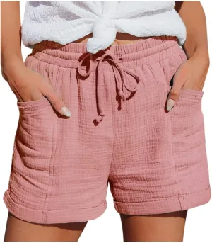 Linen Shorts for Women Plus Size Drawstring High Waisted Casual Summer Pull On Loose Fit Beach Vacation Shorts with Pockets