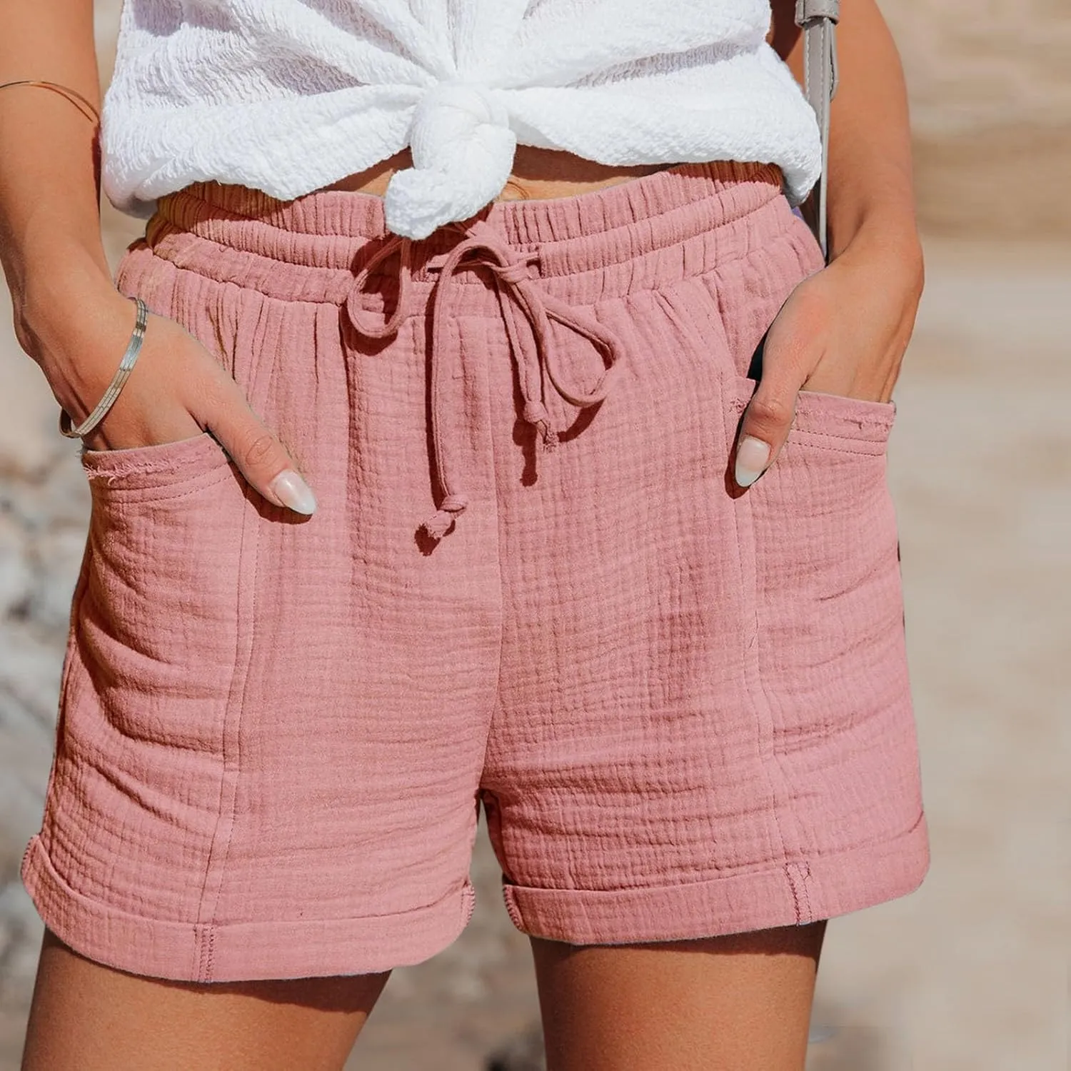 Linen Shorts for Women Plus Size Drawstring High Waisted Casual Summer Pull On Loose Fit Beach Vacation Shorts with Pockets