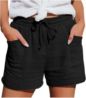 Linen Shorts for Women Plus Size Drawstring High Waisted Casual Summer Pull On Loose Fit Beach Vacation Shorts with Pockets
