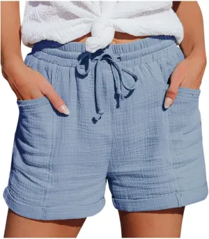 Linen Shorts for Women Plus Size Drawstring High Waisted Casual Summer Pull On Loose Fit Beach Vacation Shorts with Pockets