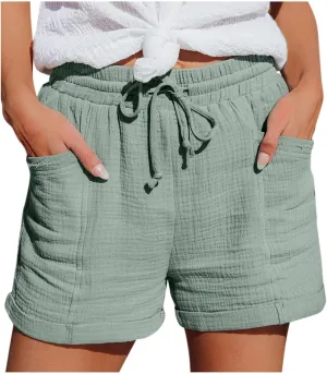 Linen Shorts for Women Plus Size Summer Beach Vacation Resort Wear Casual Drawstring Elastic High Waist Shortts with Pockets
