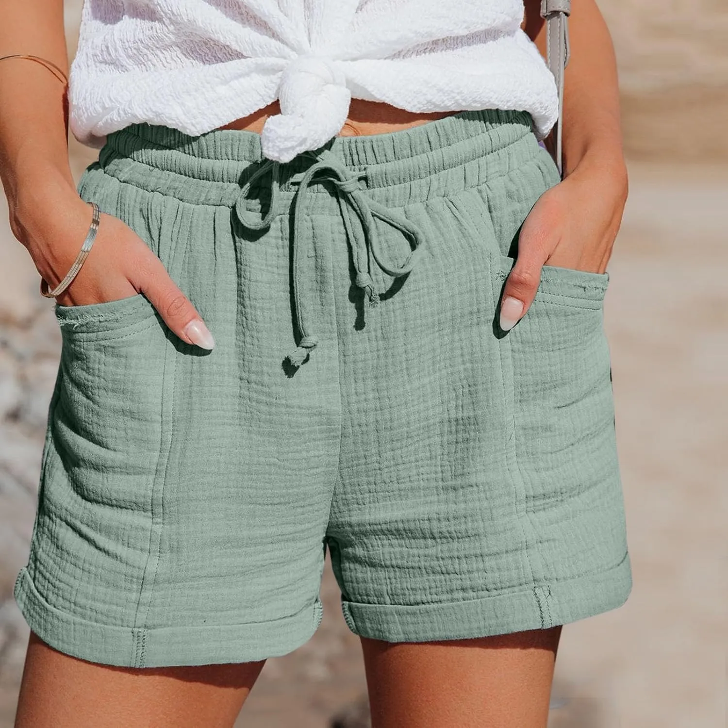 Linen Shorts for Women Plus Size Summer Beach Vacation Resort Wear Casual Drawstring Elastic High Waist Shortts with Pockets