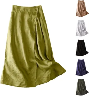 Linen Skirts for Women Midi Length Casual Summer Elastic High Waist Boho Skirt A Line Button Front Vacation Outfits