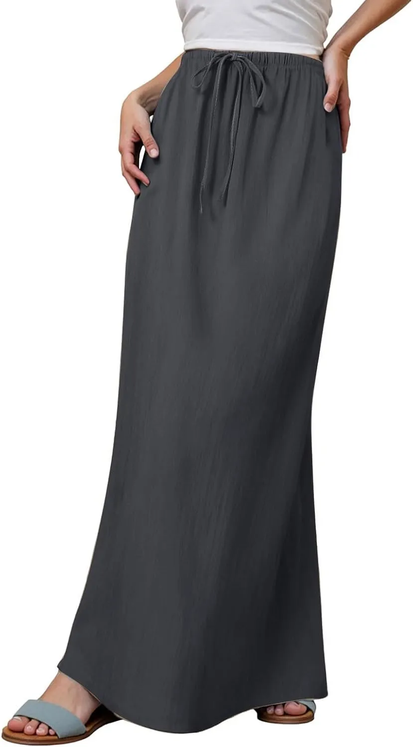 Long Linen Skirts for Women Drawstring High Waisteummer Boho A Line Maxi Skirt Flowy Vacation Casual Skorts