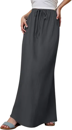 Long Linen Skirts for Women Drawstring High Waisteummer Boho A Line Maxi Skirt Flowy Vacation Casual Skorts