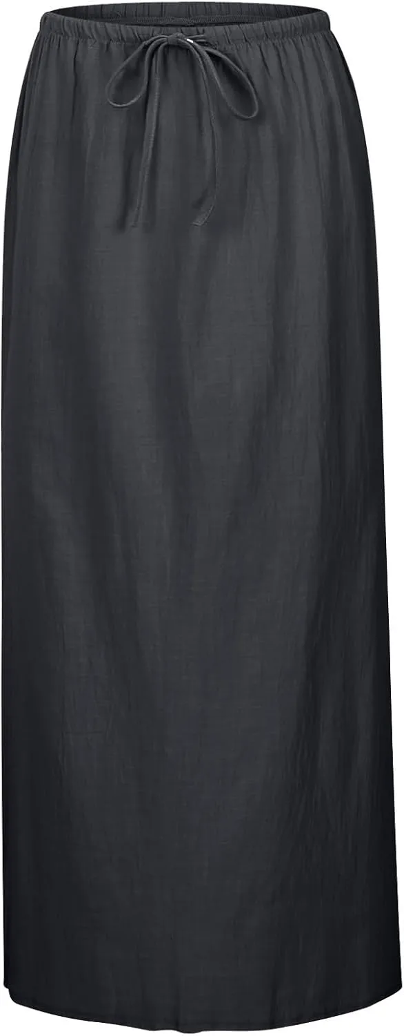 Long Linen Skirts for Women Drawstring High Waisteummer Boho A Line Maxi Skirt Flowy Vacation Casual Skorts