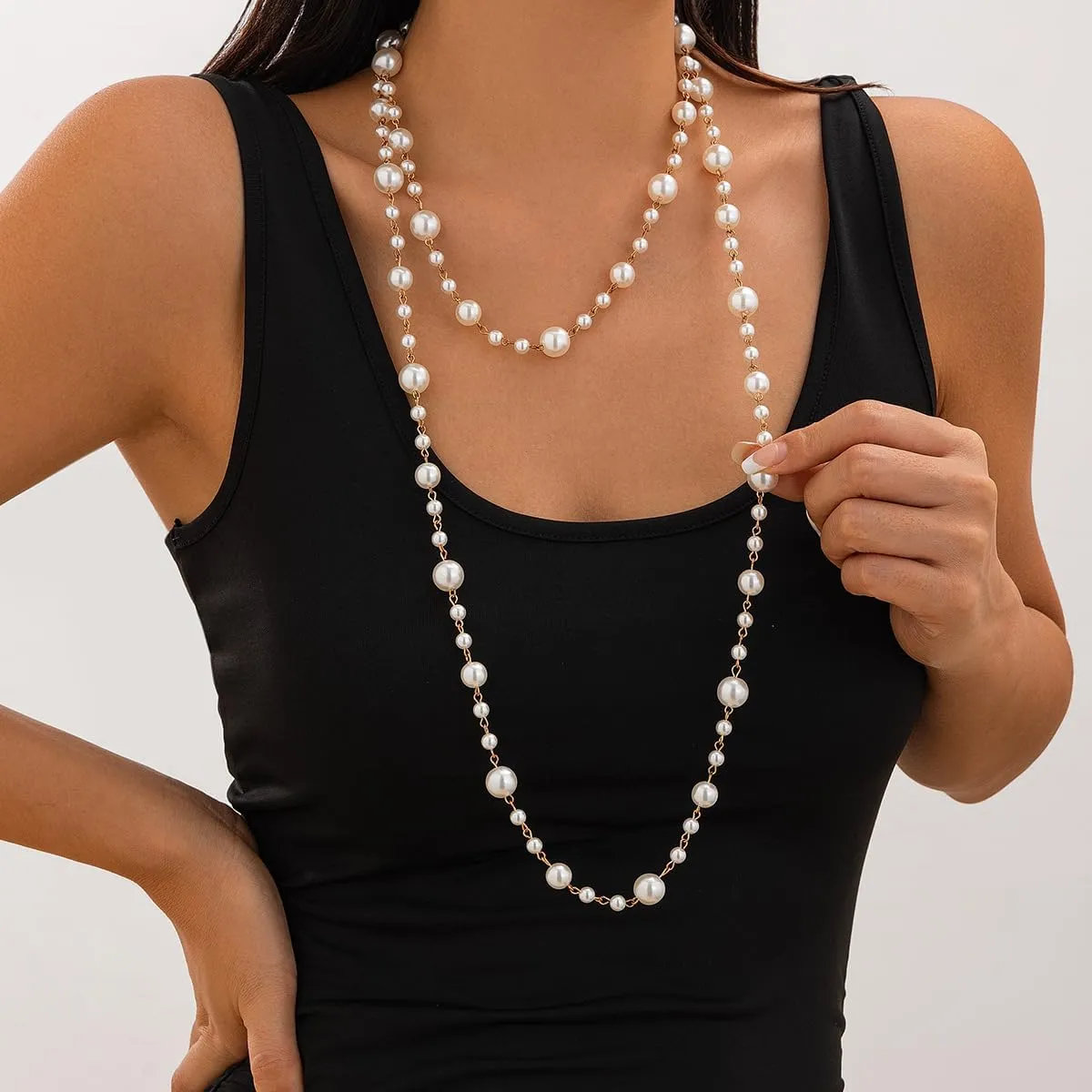 Long Pearl Necklaces for Women Dainty Beaded Pearl Long Necklace Pearl Strand Layered Necklace Statement Sweater Strand Chain Necklace Jewelry