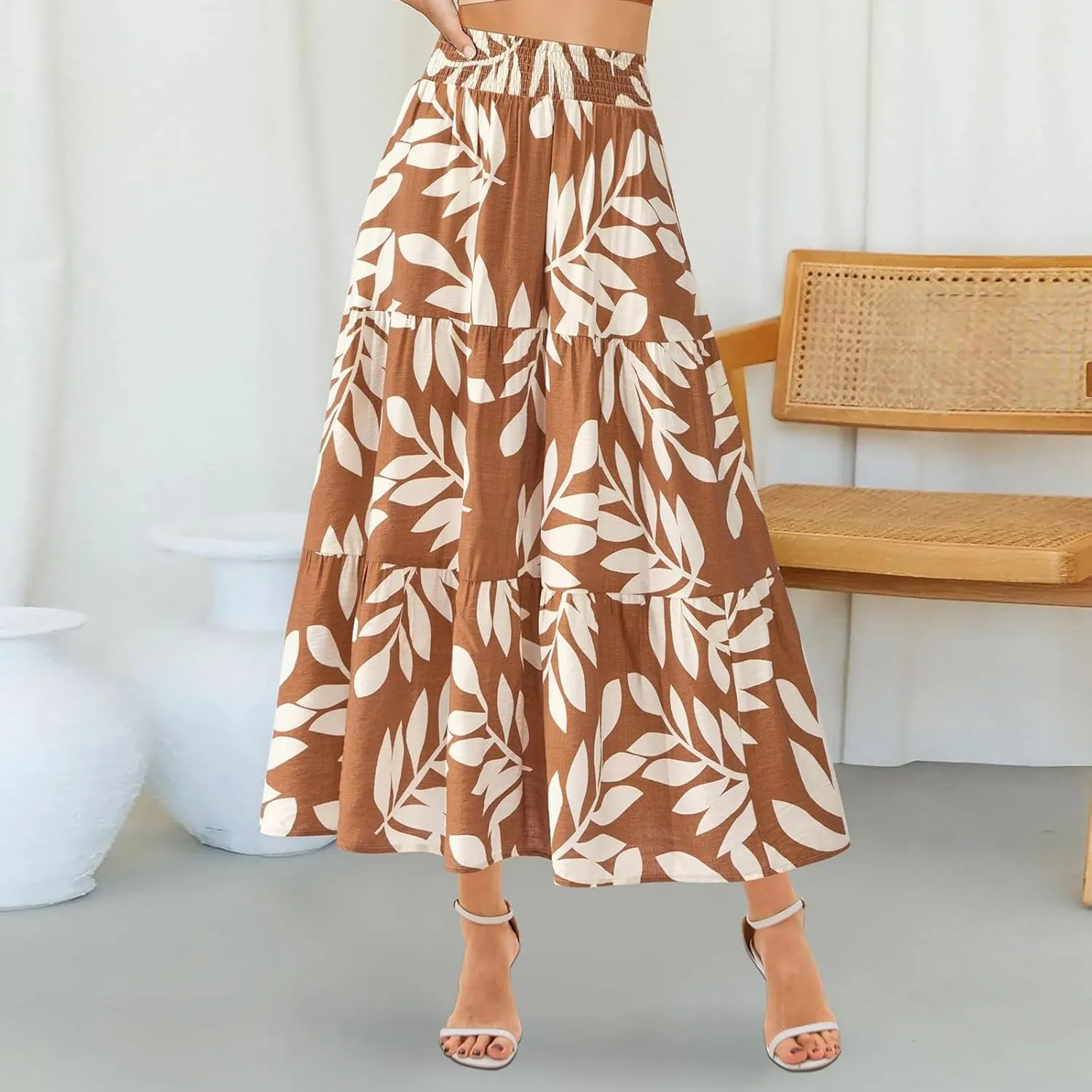 Long Skirts for Women Trendy Summer High Waisted Flowy Tiered Floral Maxi Skirts Casual A-Line Pleated Boho Skirt