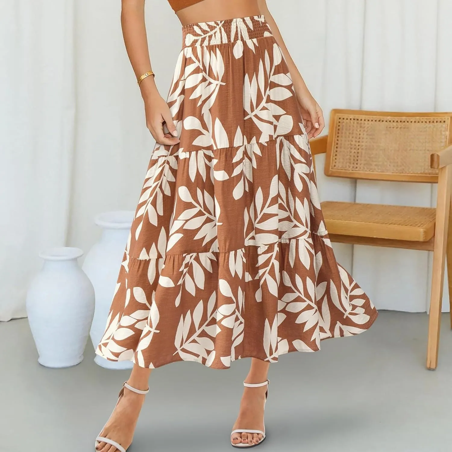 Long Skirts for Women Trendy Summer High Waisted Flowy Tiered Floral Maxi Skirts Casual A-Line Pleated Boho Skirt