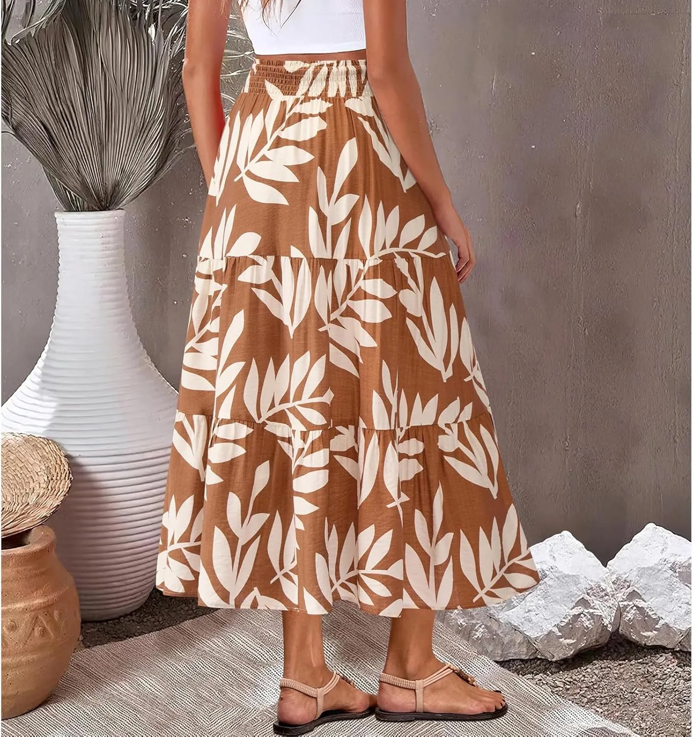 Long Skirts for Women Trendy Summer High Waisted Flowy Tiered Floral Maxi Skirts Casual A-Line Pleated Boho Skirt