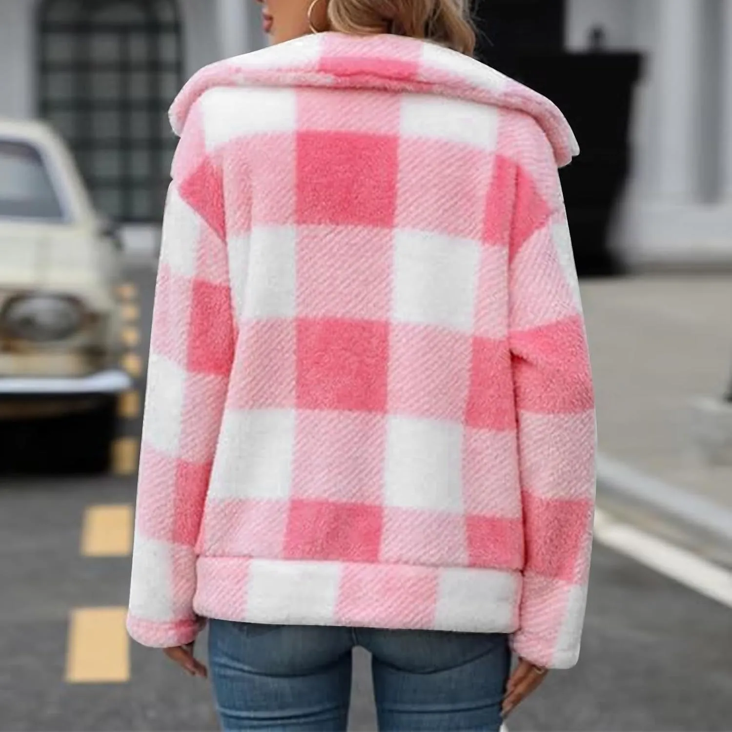 Long Winter Coats for Women Oversized Plaid Print Velvet Jackets Long Sleeve Zipper Cardigan Winter Coat Outerwear