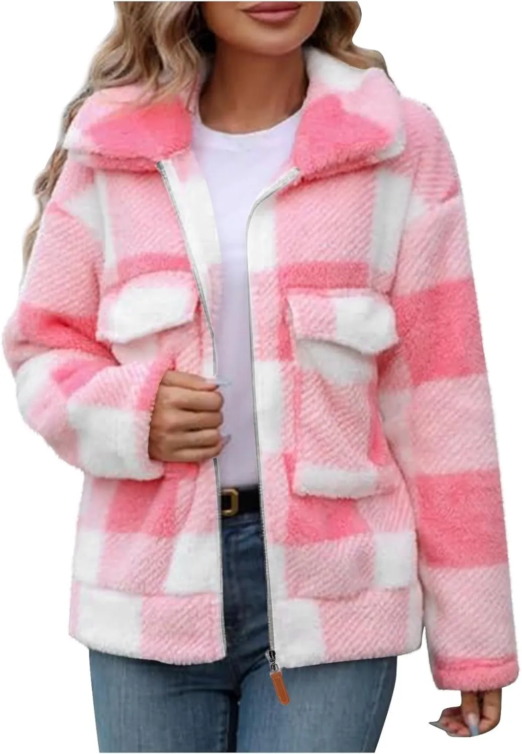 Long Winter Coats for Women Oversized Plaid Print Velvet Jackets Long Sleeve Zipper Cardigan Winter Coat Outerwear