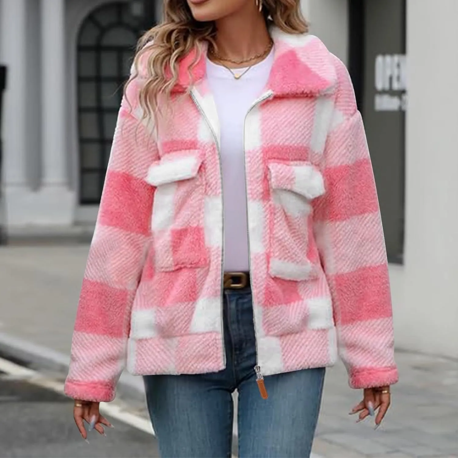 Long Winter Coats for Women Oversized Plaid Print Velvet Jackets Long Sleeve Zipper Cardigan Winter Coat Outerwear