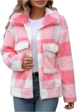 Long Winter Coats for Women Oversized Plaid Print Velvet Jackets Long Sleeve Zipper Cardigan Winter Coat Outerwear
