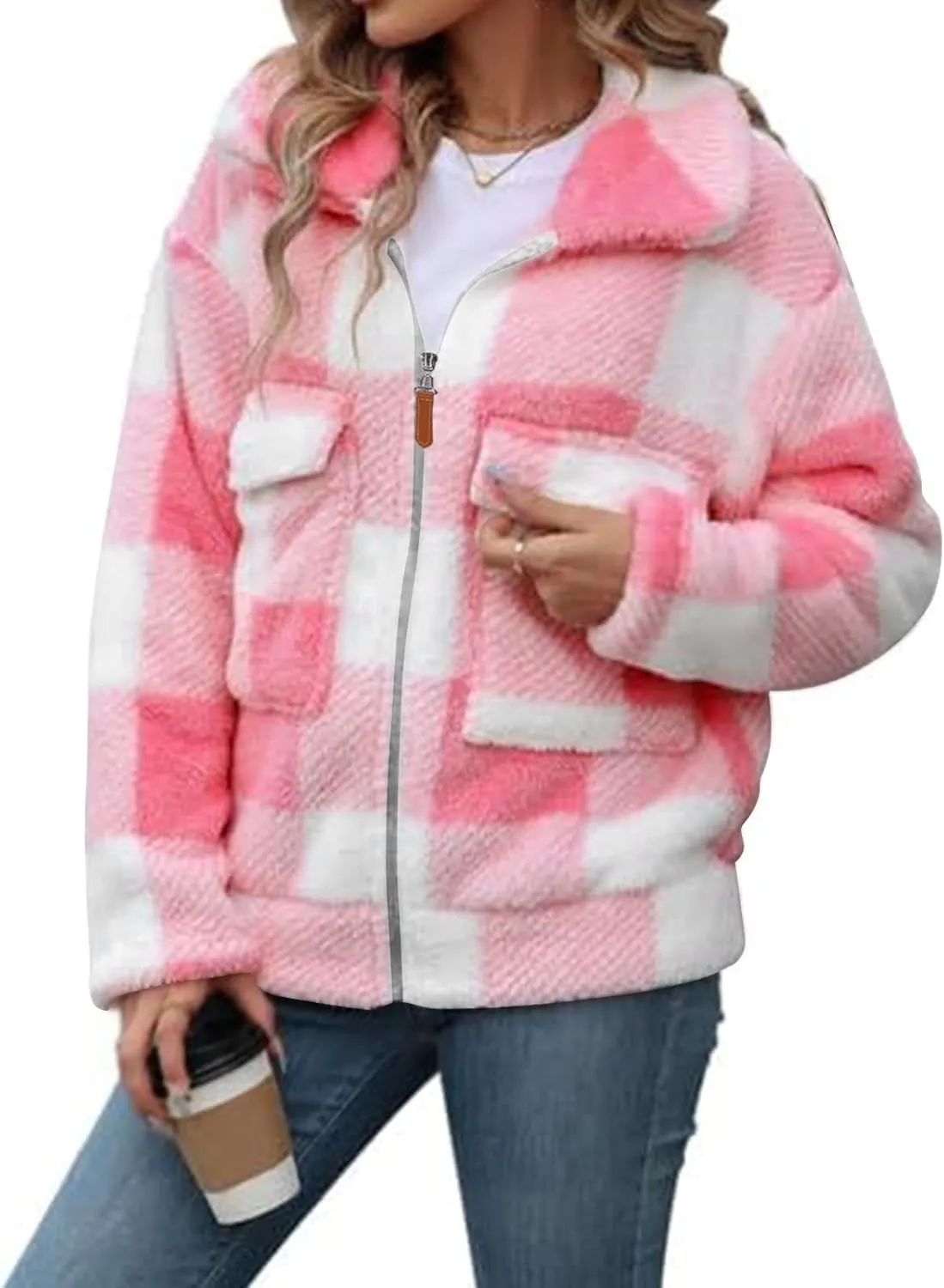 Long Winter Coats for Women Oversized Plaid Print Velvet Jackets Long Sleeve Zipper Cardigan Winter Coat Outerwear