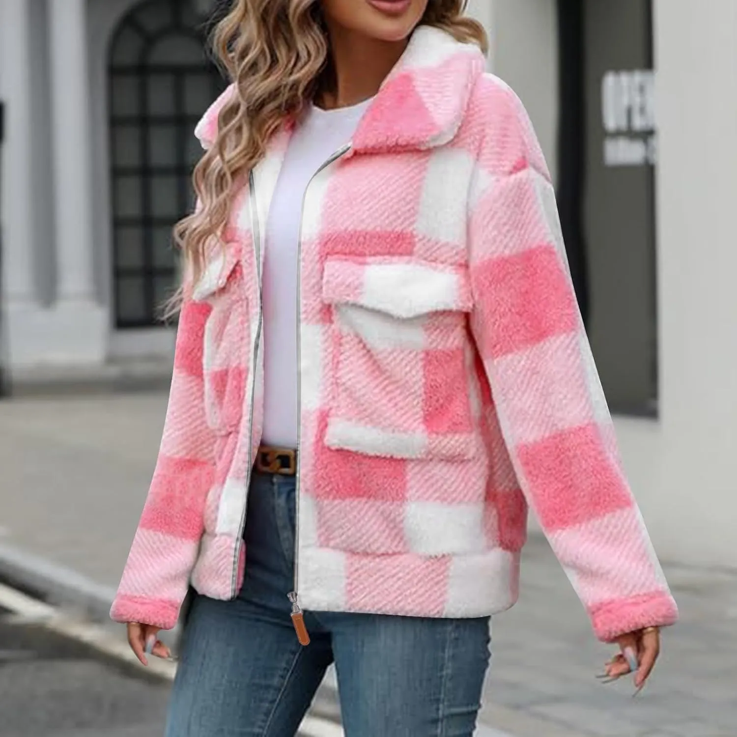 Long Winter Coats for Women Oversized Plaid Print Velvet Jackets Long Sleeve Zipper Cardigan Winter Coat Outerwear