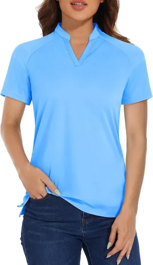 MAGCOMSEN Women's Golf Polo Shirts UPF 50  V Neck Collarless Short Sleeve Shirts Quick Dry Tennis T-Shirts