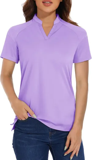 MAGCOMSEN Women's Golf Polo Shirts UPF 50  V Neck Collarless Short Sleeve Shirts Quick Dry Tennis T-Shirts