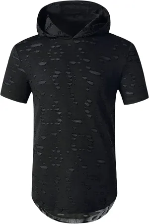 Maiyifu-GJ Mens Athletic Casual Longline Hipster T Shirt Hipster Hip Hop Hoodie Tee Solid Color Ripped Pullover Short Sleeve