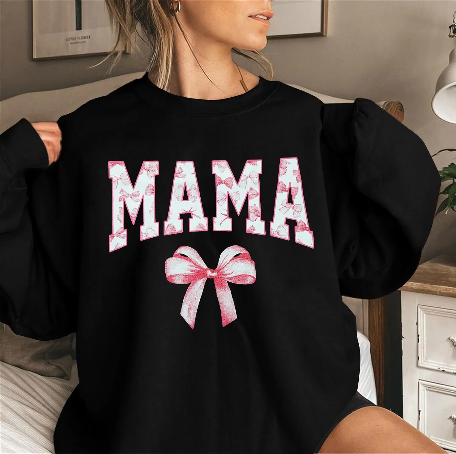 Mama Sweatshirt Coquette Sweater Women Bow Sweatshirt Pink Ribbon Sweatshirts Cute Crewneck Long Sleeve Top